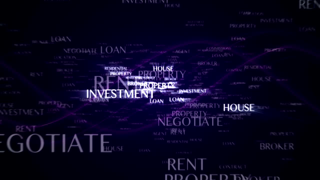 animación de texto de bienes raíces y palabras clave, renderización, fondo, bucle