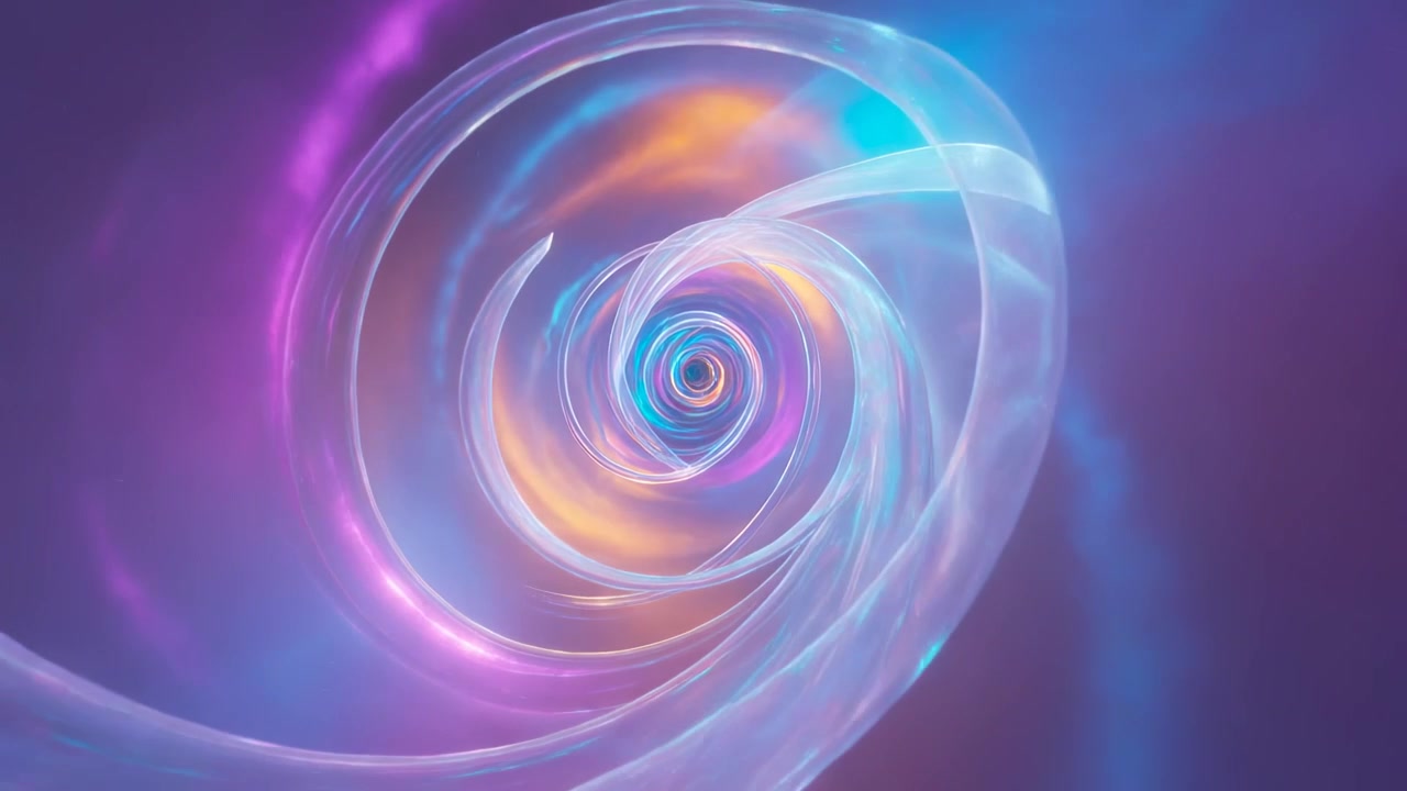 Rotating glowing spiral as camera moving inward in abstract tunnel, with cyan magenta orange glows