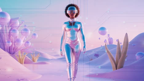 person in a futuristic suit and vr goggles in a vibrant digital landscape