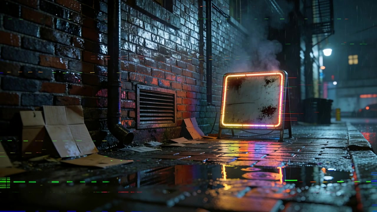 Camera approaching, revealing neon square sign on wet alley, showing puddle reflections, copy space