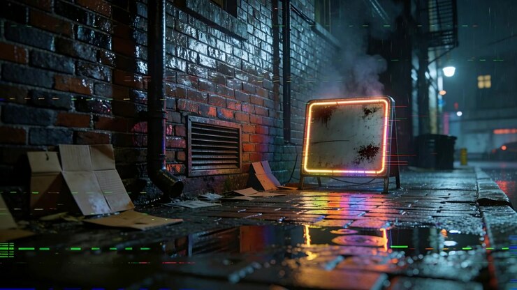 Camera approaching, revealing neon square sign on wet alley, showing puddle reflections, copy space