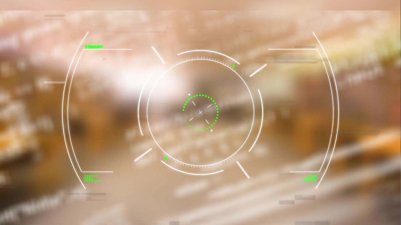 Superposition d'interface HUD numérique avec des effets de glitch sur un arrière-plan de bureau flou