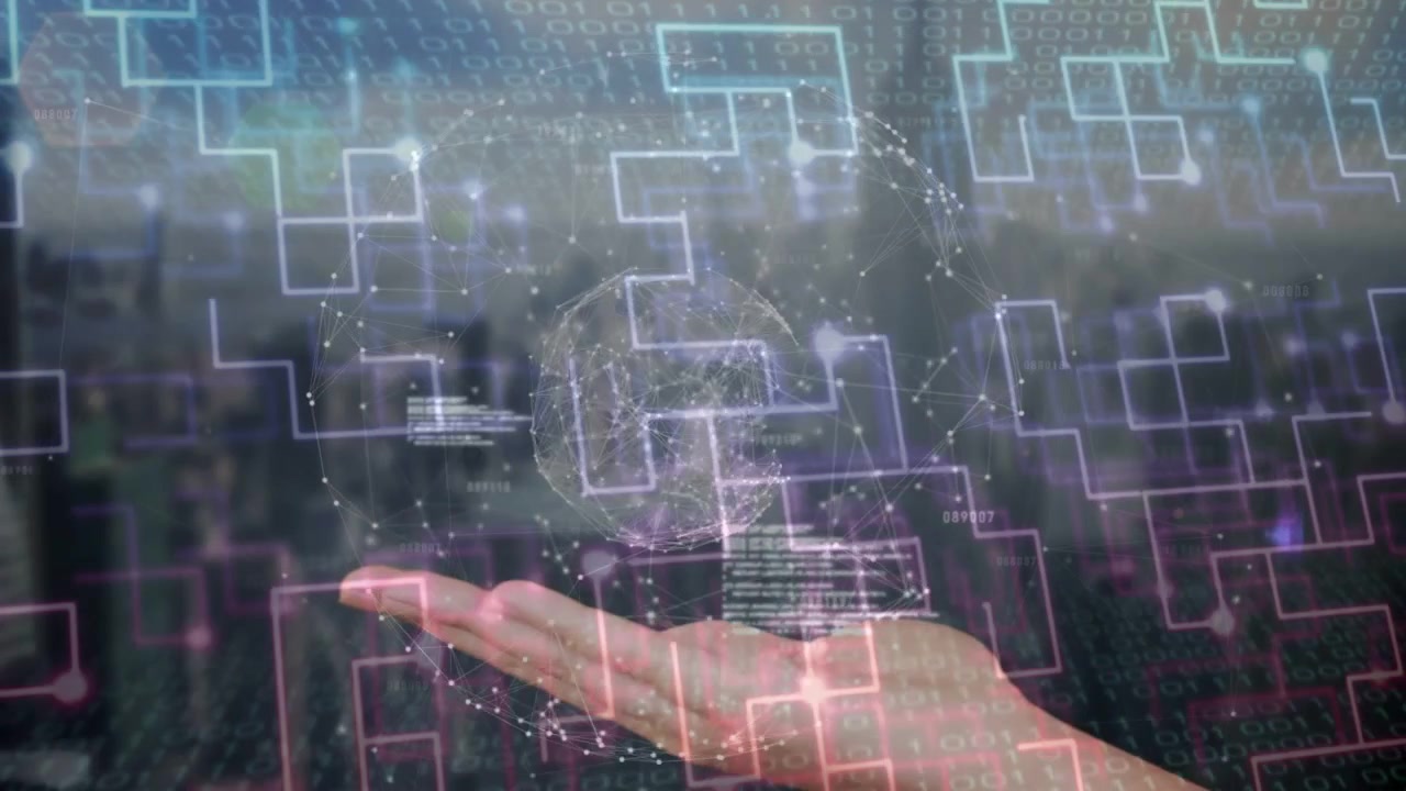 Single open palm entering lower center-left, initiating hologram globe forming, visualizing network