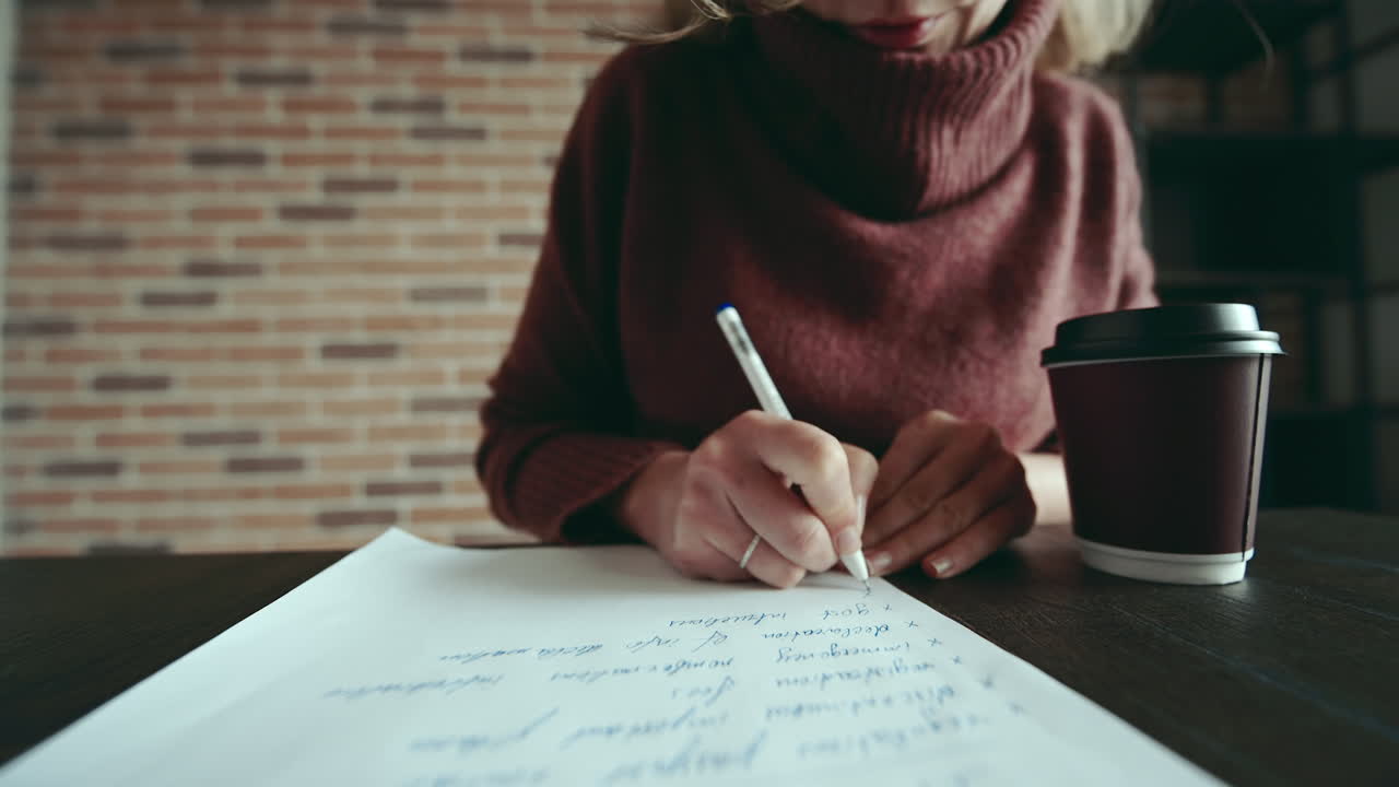 Woman writing a document at the office, coffee cup on the table