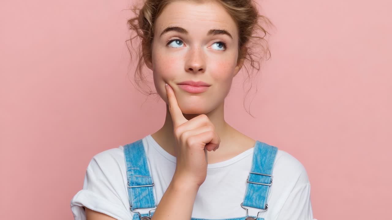 Una giovane donna contempla pensierosa in uno studio su uno sfondo rosa tenue, mostrando curiosità e riflessione con il dito sul mento