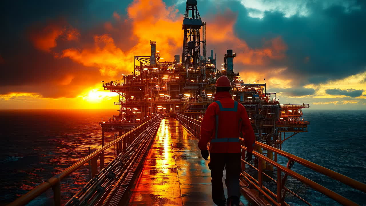 Arbejdere på en olieplatform ved solnedgang. En arbejder slentrer langs en gangbro på en olieplatform ved solnedgang med farverig himmel og lysende lys omkring.
