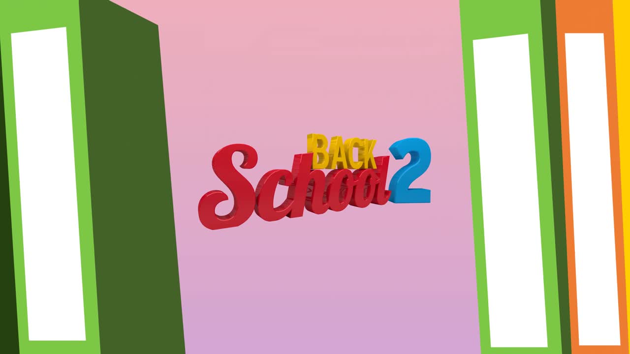 학교로 돌아가는 텍스트와 책 디지털 아이콘의 애니메이션 핑크색 배경