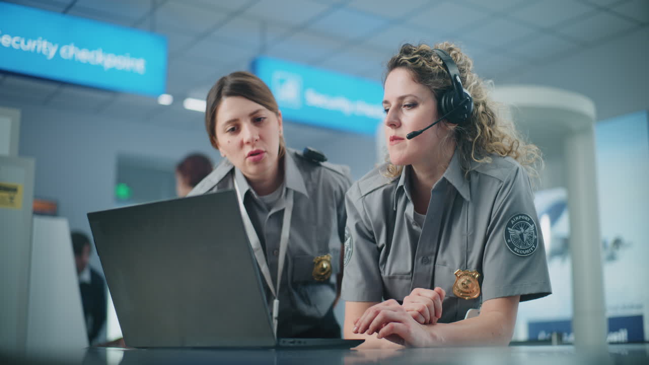 personal de seguridad del aeropuerto que trabaja en el puesto de control