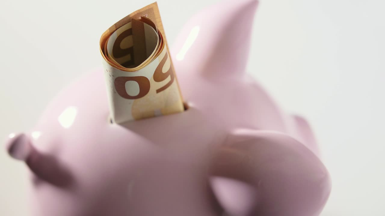 50 유로 지폐가 돼지집에서 테이블 위에 돌아다니고 있다.