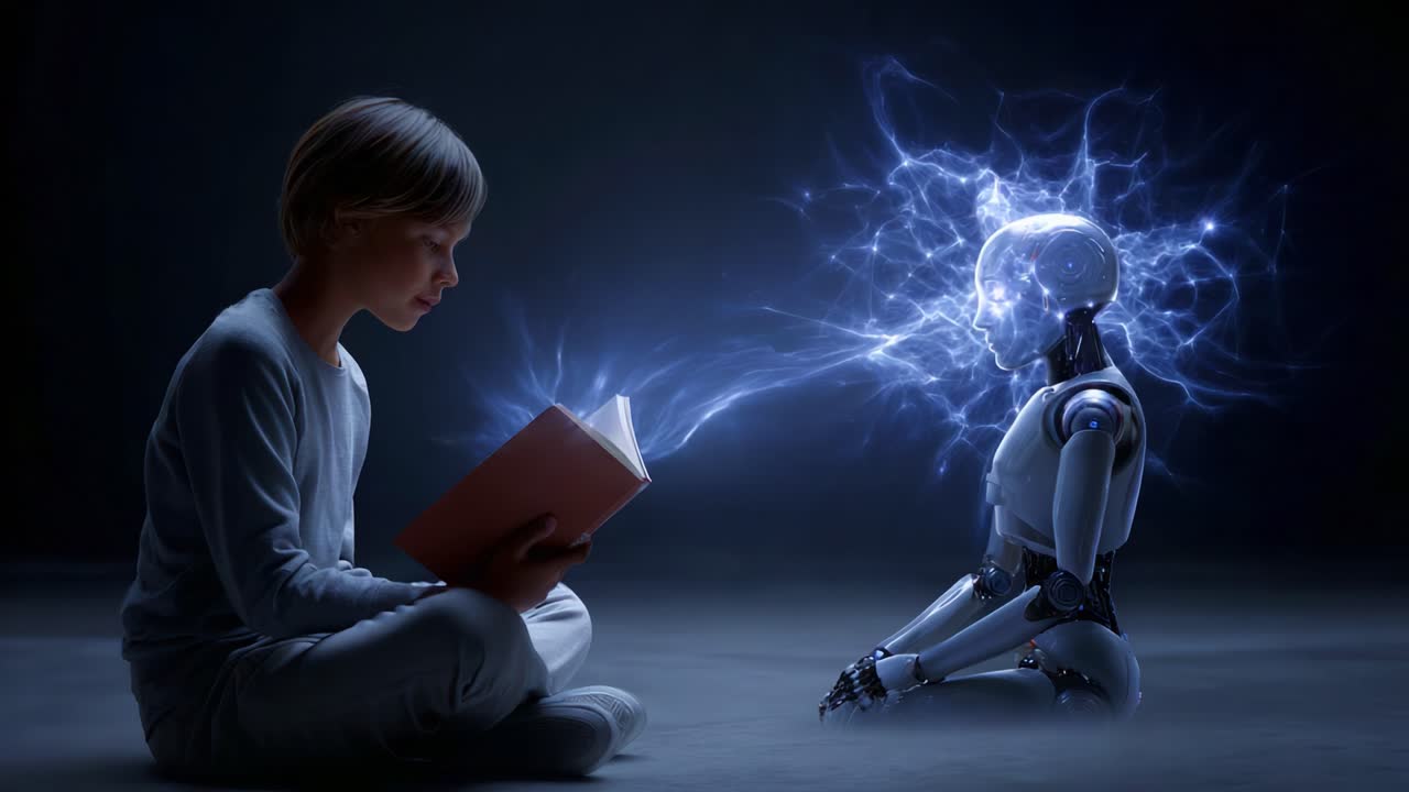 Un bambino curioso legge un libro a un robot attento, illuminando una fusione di immaginazione e tecnologia in un'esplorazione futuristica e surreale della conoscenza