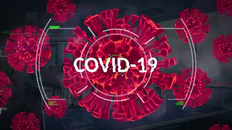 Animation-of-text-covid-19-on-scanner-and-red-covid-virus-cells-on-distorting-interface