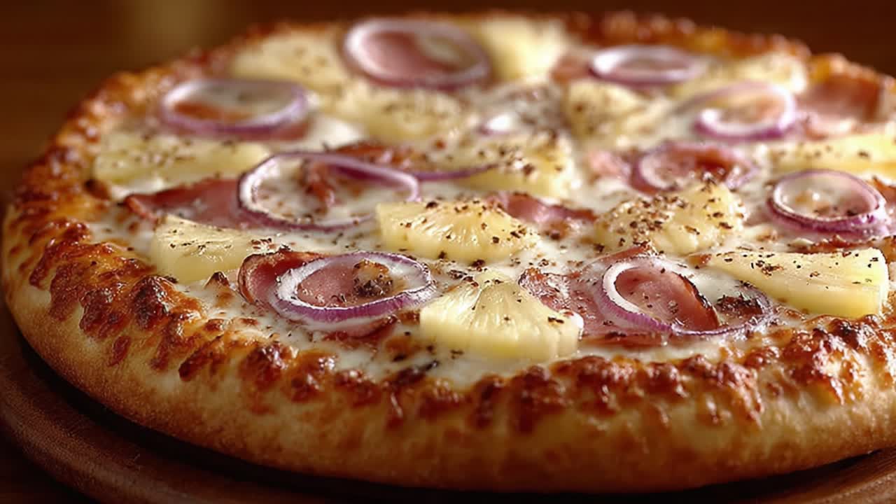 Pizza deliziosa e saporita con ananas, prosciutto e cipolle rosse, caratterizzata da una crosta perfettamente cotta e formaggio fuso, ideale per qualsiasi riunione o celebrazione