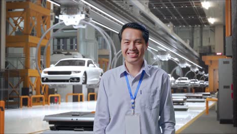 capturas de un trabajador profesional masculino asiático de pie en una fábrica de automóviles ev, instalación industrial de alta tecnología, su amplia sonrisa a la cámara