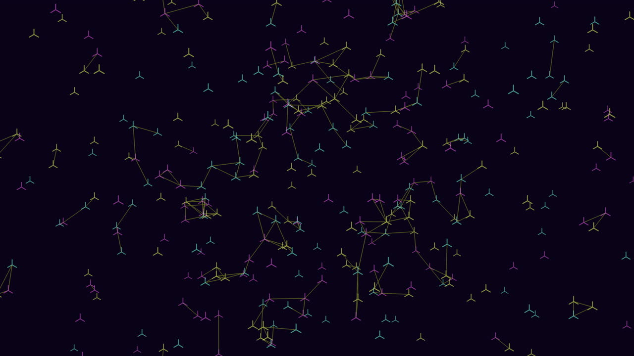 Futuristic science footage of glowing molecular structures and connected nodes drifting across a dark background, ideal for chemistry, biotech, data, and innovation themes