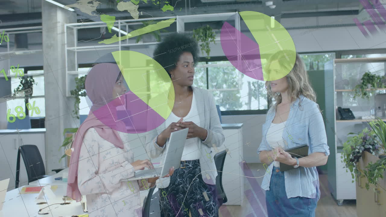 animación del procesamiento de datos financieros sobre diversas mujeres empresarias en la oficina