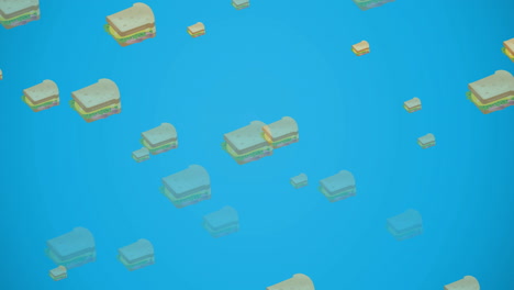 animación de varios sándwiches de queso flotando sobre un fondo azul