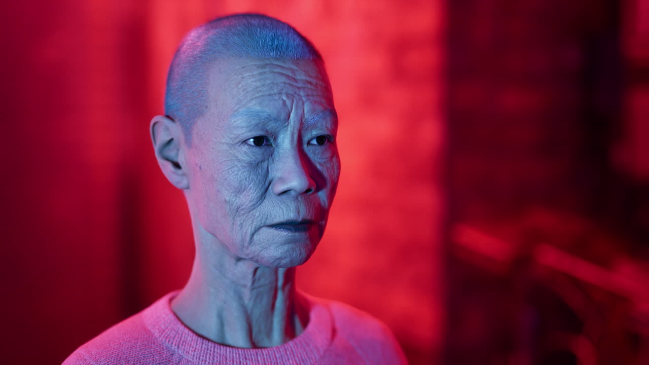 anciana japonesa en una calle iluminada con neón