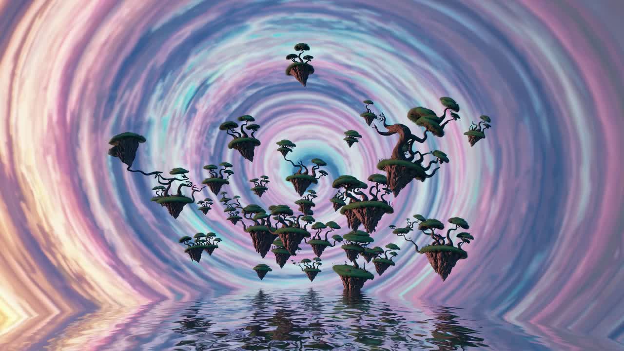 Surreal video concept of floating islands with twisted trees, viewed from a low angle, set