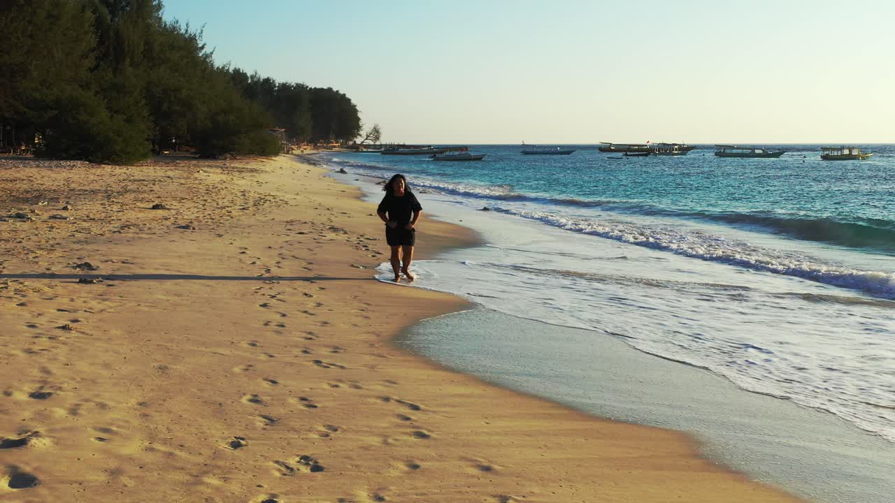 Pretty woman walking calmly alone on the sandy beach with trees and waves of blue sea splashing in beautiful Barbados