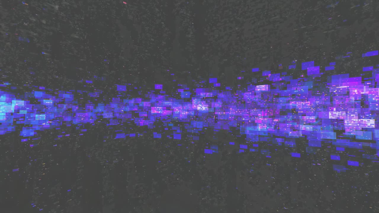 Camera che avanza, sciame di tessere luminose che si muovono verso lo spettatore in un tunnel digitale, particelle