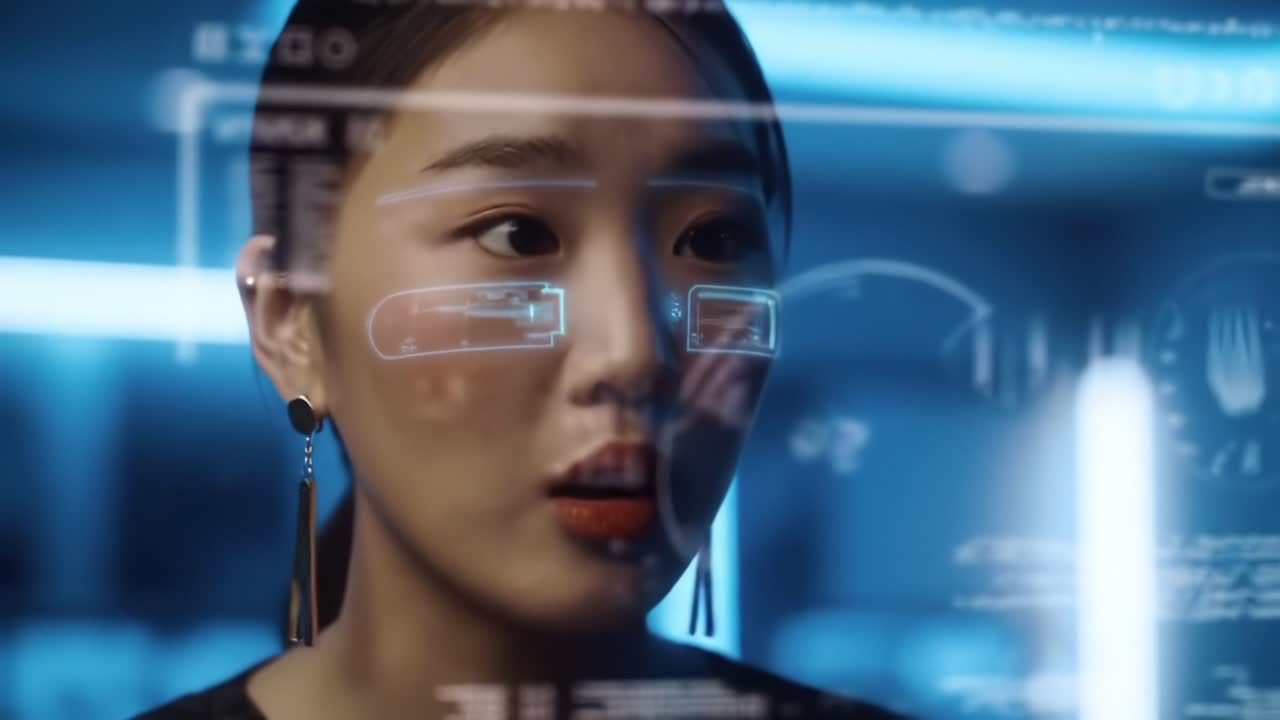 A futuristic woman with augmented reality visuals on her face, surrounded by neon blue lighting, presenting a captivating blend of technology and human expression in a sci-fi setting