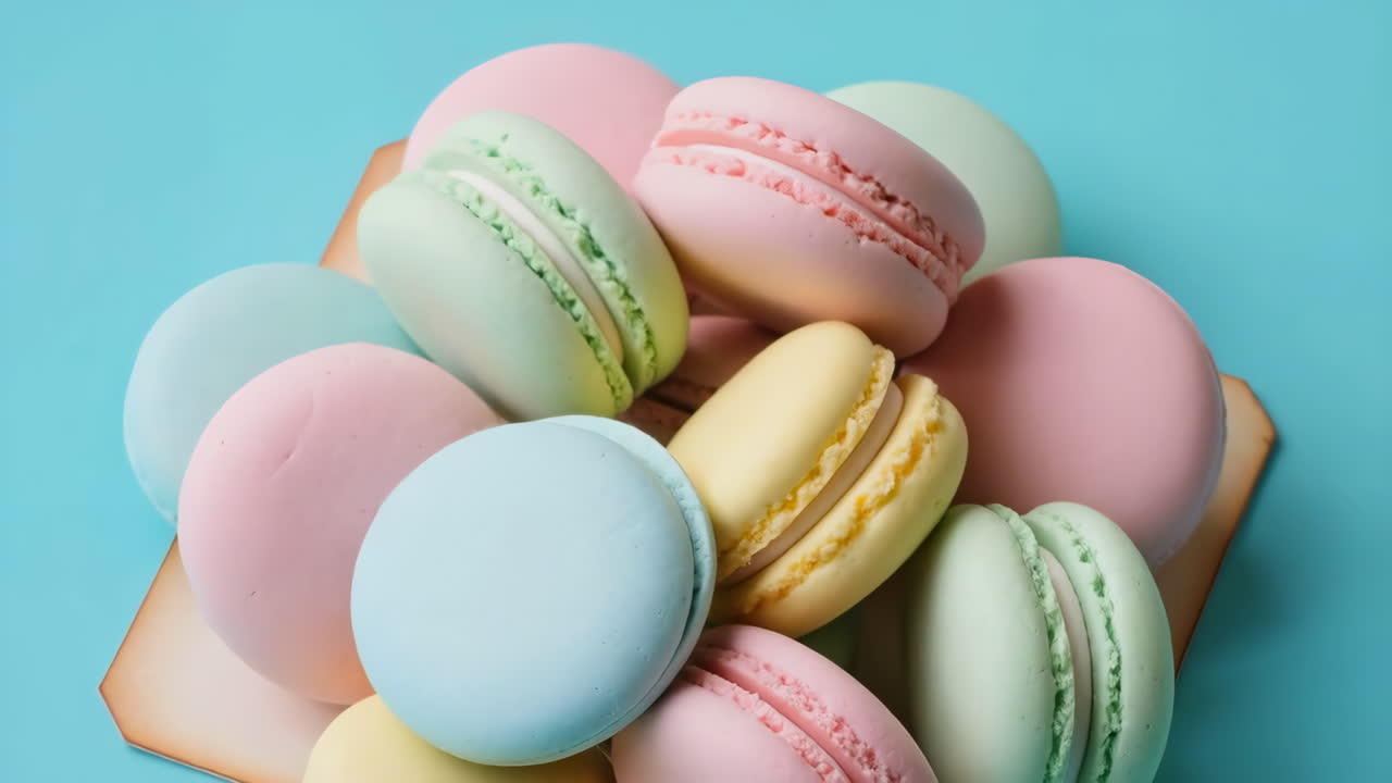 A collection of pastel-colored macarons on a light blue background