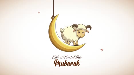 celebración de eid mubarak letras con cabra colgada en la luna