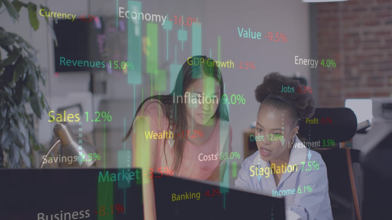 animación del procesamiento de datos financieros sobre diversas mujeres empresarias en la oficina