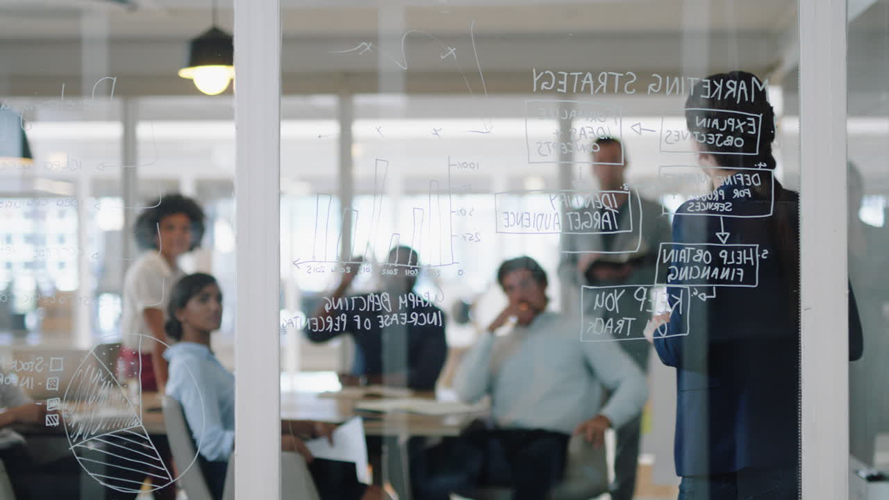 beautiful business woman writing on glass whiteboard team leader training colleagues in meeting brainstorming problem solving strategy sharing ideas in office presentation seminar 4k