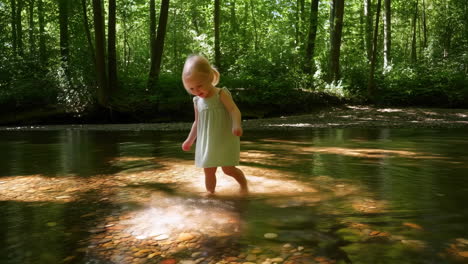 a young girl wading in a sunlit forest stream