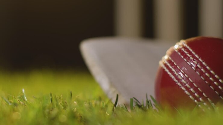Natura morta di cricket con primo piano di palla e mazza adagiate sull'erba davanti ai paletti 7.