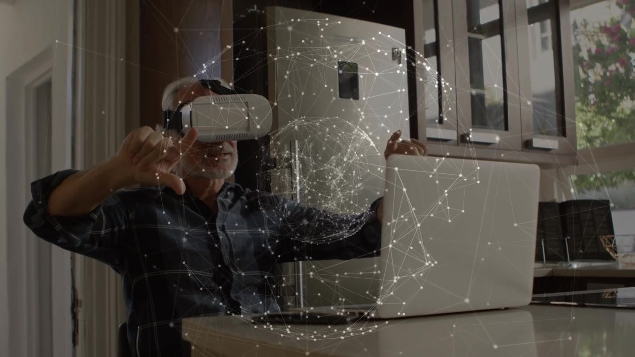 Animation of network of connections over caucasian man using vr headset