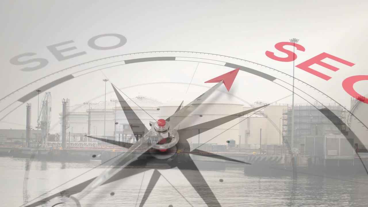 포트 위에 동기 부여 및 비즈니스 텍스트와 함께 나침반 회전의 애니메이션