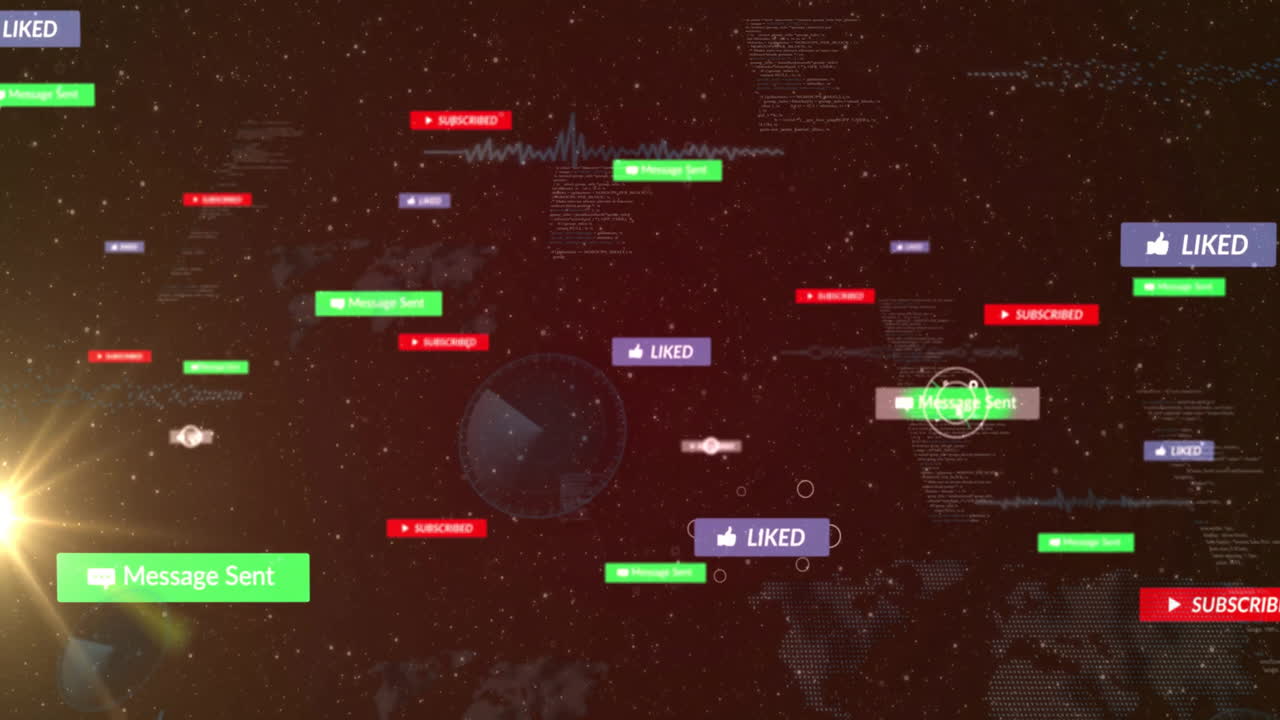 Animation of social media notifications floating in digital space background