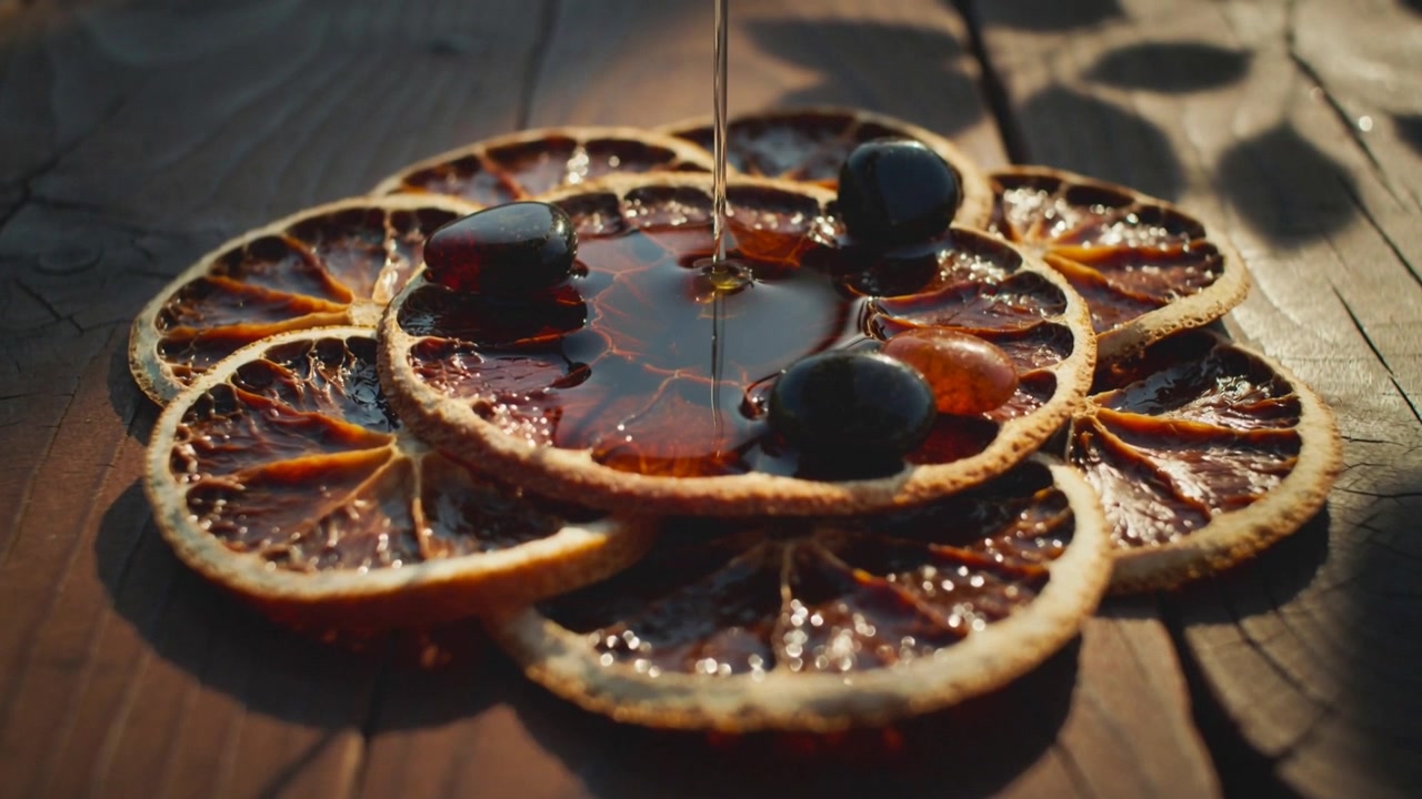 Tynd ravfarvet sirup hældes ovenfra og danner en blank pøl på et bræt, der dækker tre citrusfrugter.