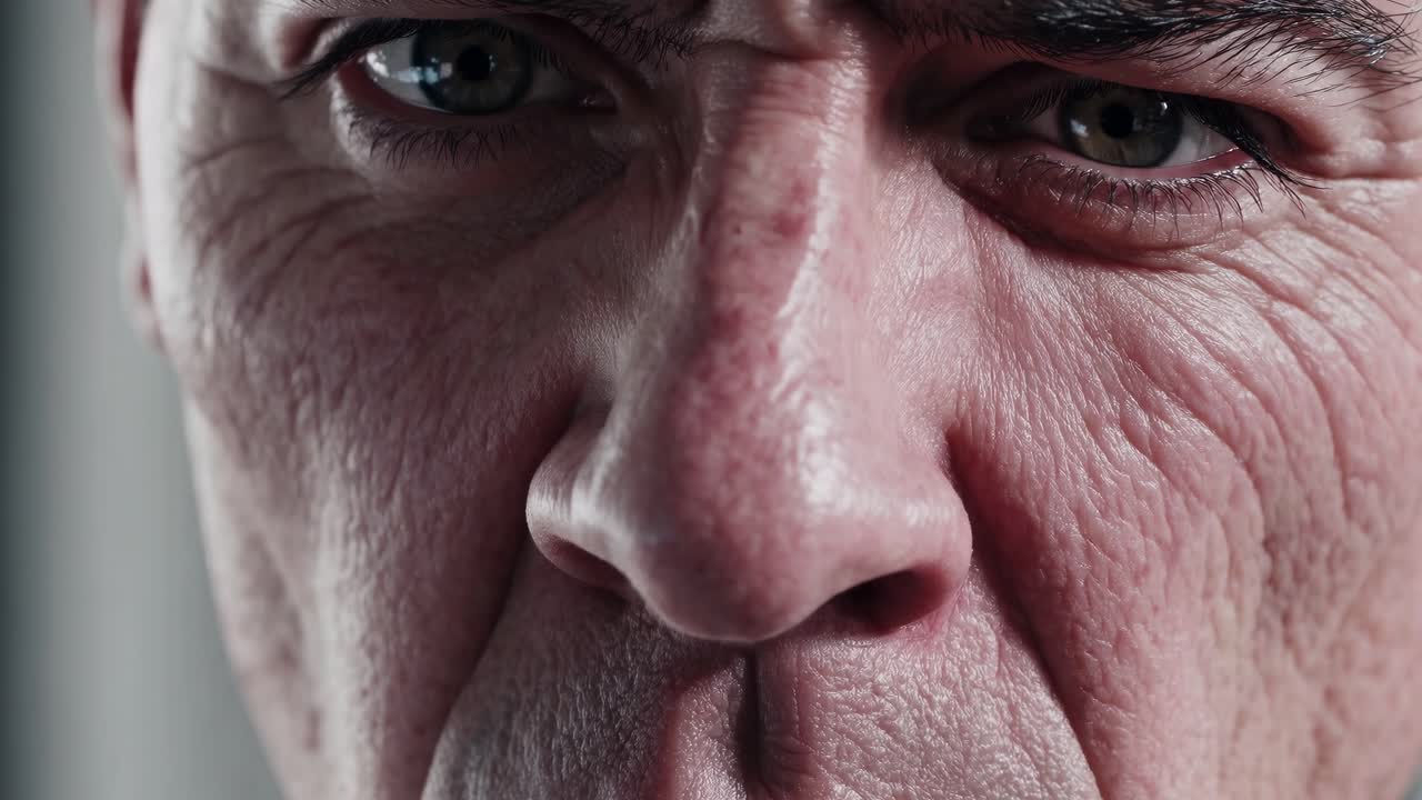 Close-up video shot of a man's intense gaze, capturing detailed facial expressions and textures