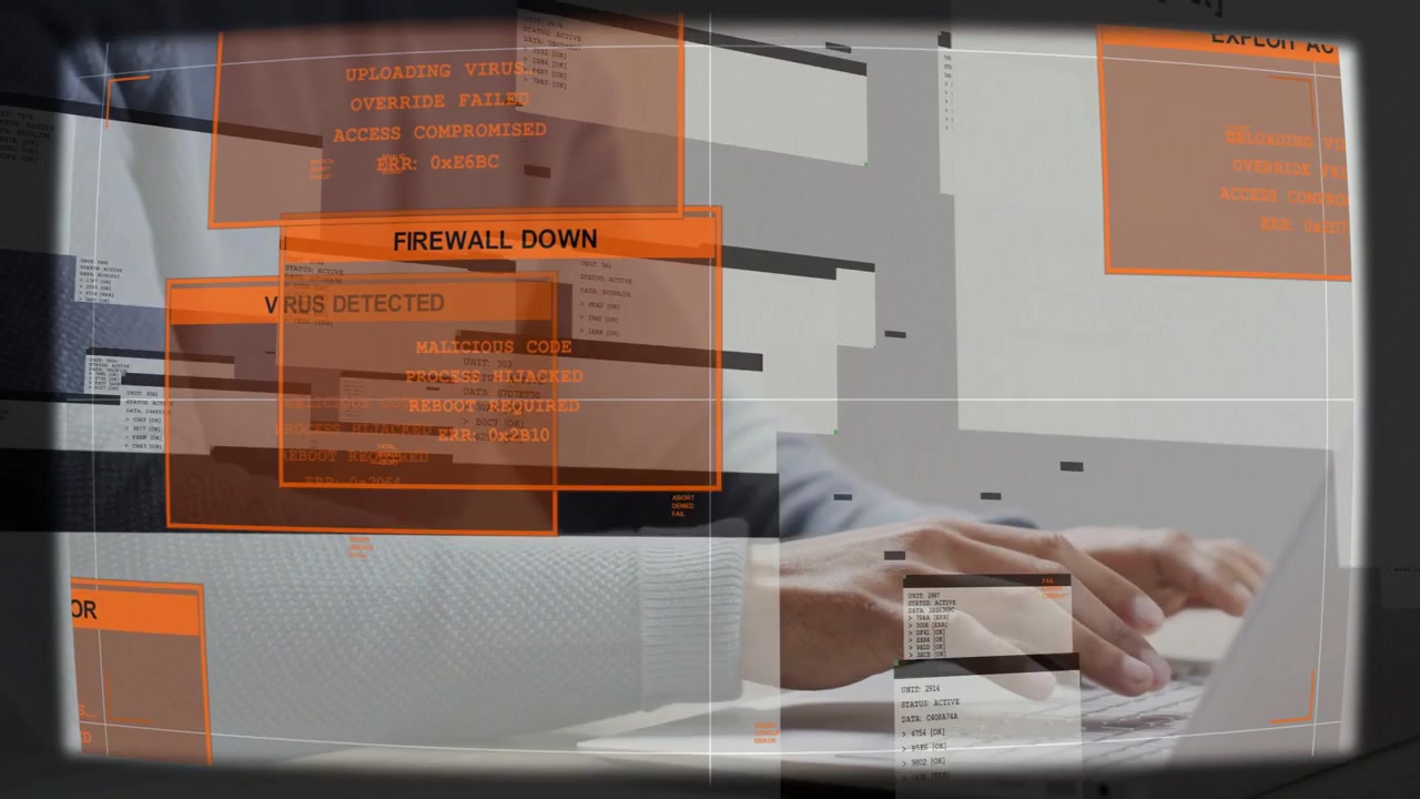 Man at laptop typing, causing orange security alerts escalating into FIREWALL DOWN showing breach