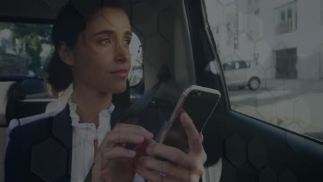 animation of data processing over caucasian businesswoman using smartphone