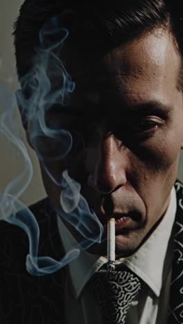 elegant businessman smoking cigarette while exhaling smoke, creating mysterious sophisticated atmosphere with pensive expression and composed demeanor