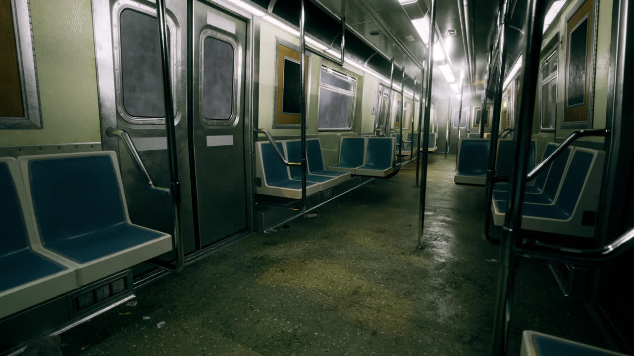 Abandoned subway train interior during late night hours with empty seats