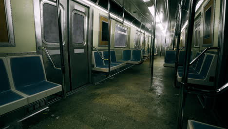 abandoned subway train interior during late night hours with empty seats