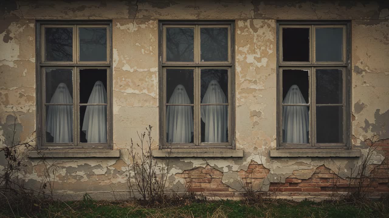 Eerie Specters in Abandoned Windows: A Haunting Display of Ghostly Figures Draped in White, Surrounded by Decaying Walls Reflecting Lost Memories and a Lingering Presence
