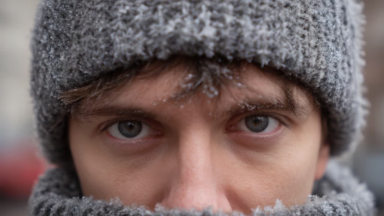 Close-up Shot of a Young Man with Frosty Hat and Scarf, Capturing the Essence of Winter Conditions and Expressing Resilience Against Cold Weather Elements