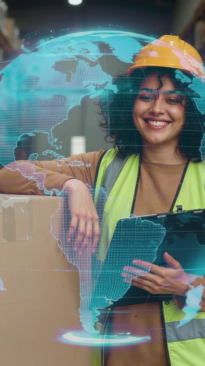 Vertical video: Warehouse worker adjusting clipboard as holographic globe appearing, tracking data