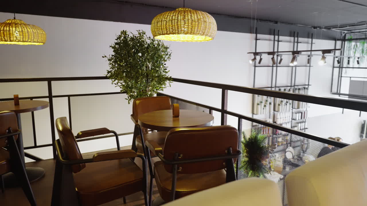 Modern Cafe Interior with Balcony Seating