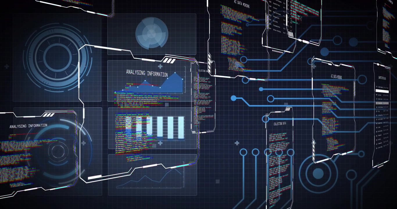 Vertikal video: Animasjon av datapaneler som glir, kobles til kodepaneler på et rutenett, oppdaterer diagrammer.