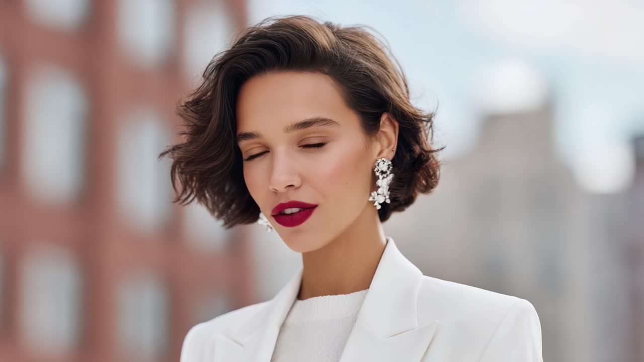 Elegant Portrait of a Confident Woman in a Chic White Suit Featuring Glamorous Accessories Against a Fashionable Urban Background
