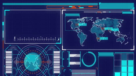 Animation-of-interface-with-spinning-globe,-world-map-and-data-processing-against-blue-background