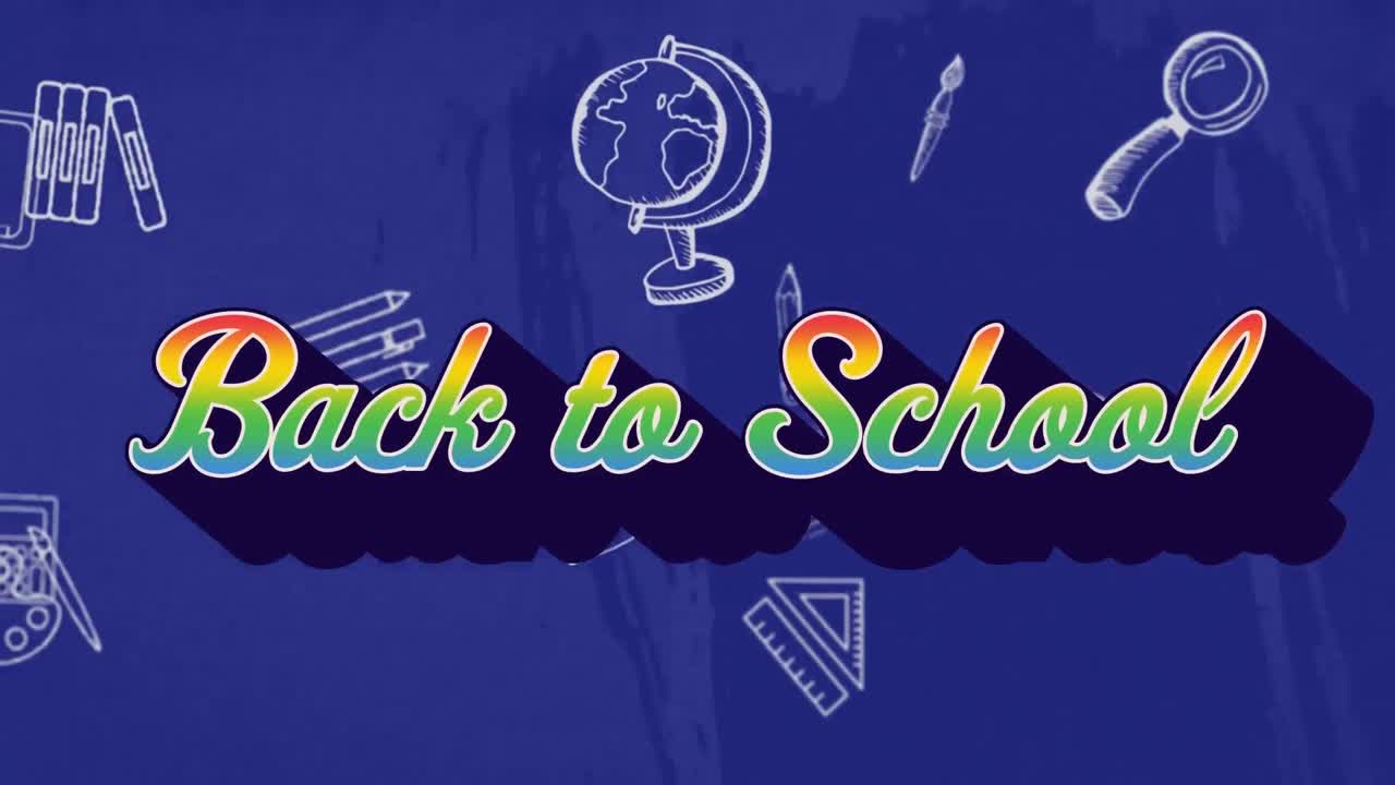 학교로 돌아가는 텍스트와 학교 아이템 아이콘의 애니메이션 파란색 배경