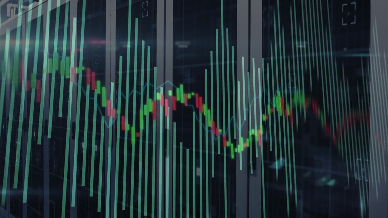 Market updating finance chart pulsing and tracing candles showing price recovery over server racks